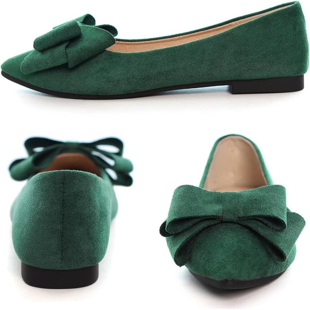 Women's Christmas Green Bowknot Ballet Flats Pointy Toe Casual Flat Shoes Suede - Picture 6 of 7
